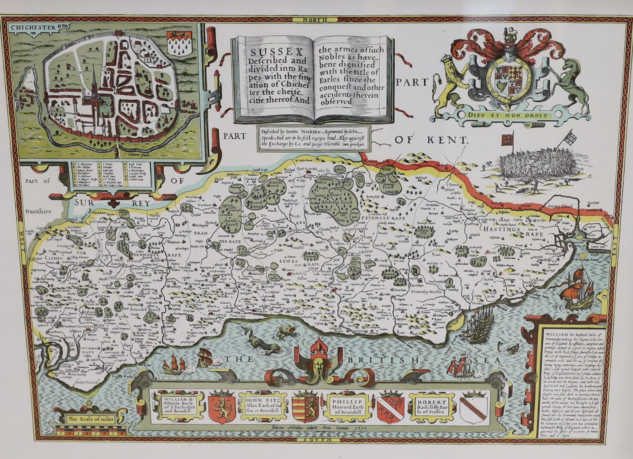 Two 19th century hand coloured steel engraved maps, The Hundreds of Tenterden, Blackborne, Oxney and Ham, and The Hundreds of Cale Hill and Chart and Longbridge, largest 46 x 38cm, with a reprinted map of Sussex